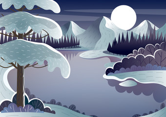 Fototapeta na wymiar Winter landscape, Night mountain and spruce lake. Horizontal background. Purple moon.