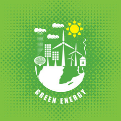 Vector banner on the theme of environmental protection and ecology of planet. Planet Earth, solar panels, wind turbines and words Eco energy, Safe the World, Green energy