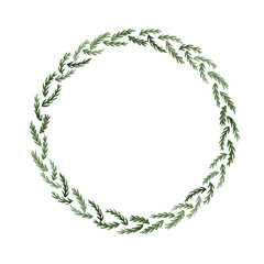 Minimalistic handpainted green wreath. Beautiful decorative hand-made design element isolated on white background in very high resolution.