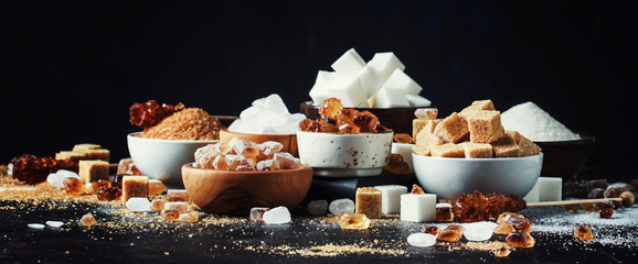 Assorted different types of sugar in bowls on a table on a dark background, selective focus