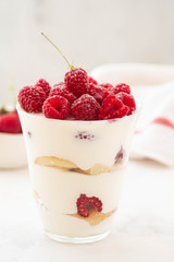 Raspberry dessert, cheesecake, raspberry tiramisu, trifle, mousse in a glass on a white background.