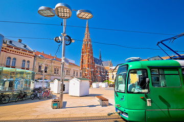 Osijek main square cathedral and tram view