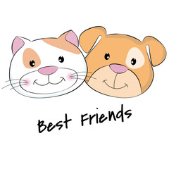 Face cat and dog best friends white background.