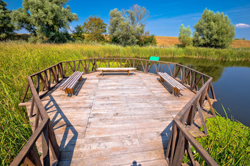 Naklejka premium Kopacki Rit marshes nature park bird observation deck and wooden boardwalk