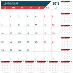 French calendar 2019 / French calendar template for year 2019, set of 12 months January - December, week starts on Monday, printable calendar planner, vector illustration