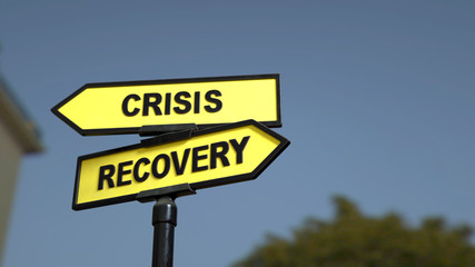 A road sign with crisis recovery words. 3d image.