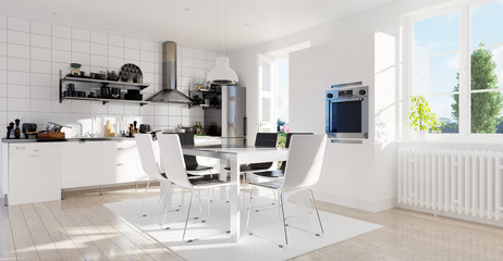 Fototapeta na wymiar 3d rendering white modern kitchen in loft design