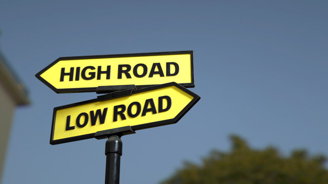 A road sign with high road low road words . 3d image.