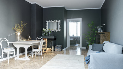 Modern Living room with black walls and light furniture.