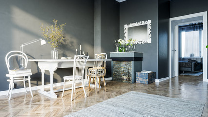 Dark living room design. Living room with black wall.