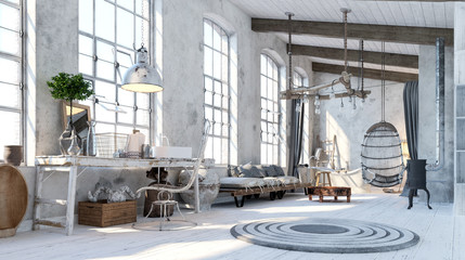 Modern loft interior with vintage furniture.