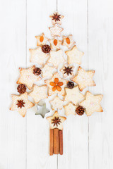 Christmas tree of shortbread on the white wooden table