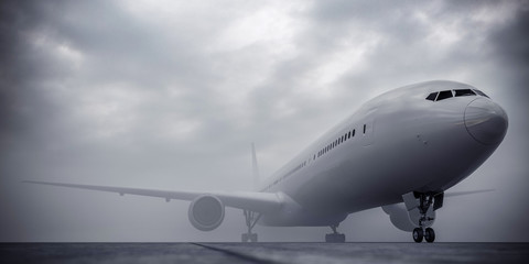 Airplane at the airport during the fog