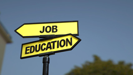A road sign with job education words . 3d image.
