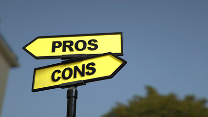 A road sign with pros cons words. 3d image.