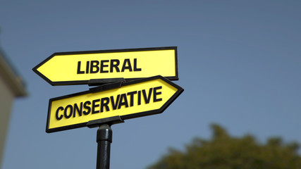 A road sign with liberal conservative words. 3d image.
