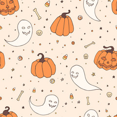 Vector Halloween repeat pattern with pumpkins, ghosts with scary faces, bones, skulls and candy corn in sketch style. Hand drawn holiday decoration on the starry background. Usable for wrapping paper - 220758621