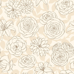 Vector seamless pattern with lily, camellia, peony and rose flowers line art on the beige background. Hand drawn floral repeat ornament of blossoms in sketch style. For textile, fabric, wrapping paper