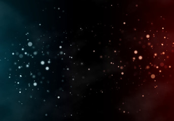 Abstract two tone bokeh background. Blue versus red circle bubbles on each side with empty space at middle center of screen for your text, logo, products.