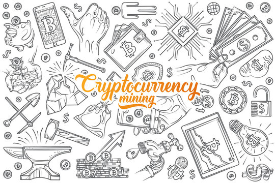 Hand drawn cryptocurrency mining set doodle background