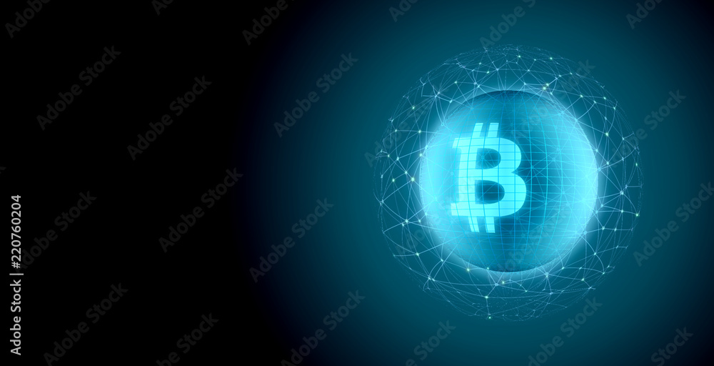 Poster bitcoin on wire frame globe sphere circle geometry shape surrounded by atmosphere network nodes. blu