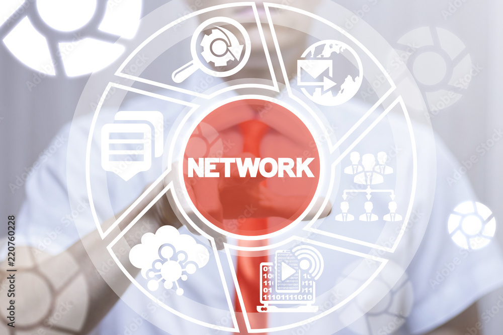 Poster man clicks a network word button on a virtual round panel. connection network social cloud business 