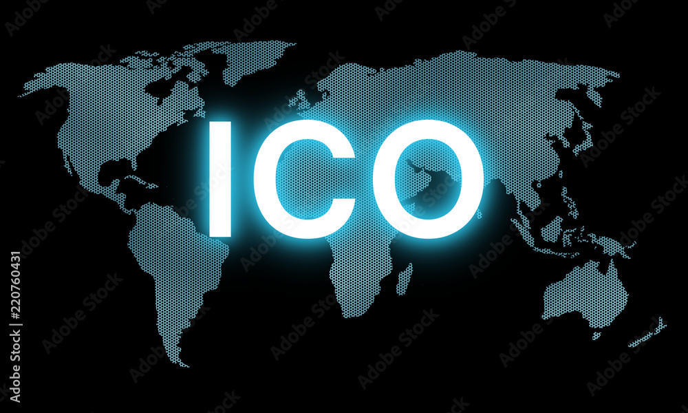 Poster initial coin offering (ico) blue glow text on abstract world map network hexagon mesh background. fo