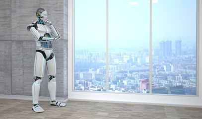 Roboter steht nachdenkend in einem Raum und blickt auf eine Stadt herab.