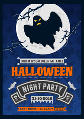 Halloween party invitation with moon and scary Ghost. Vector illustration.