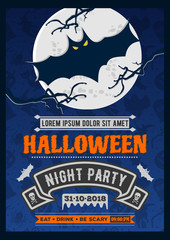 Halloween party invitation with moon and scary flying bat. Vector illustration.