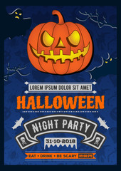 Halloween party invitation with scary pumpkin. Vector illustration.