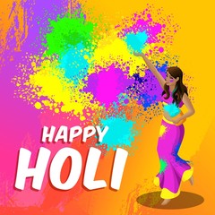 Obraz na płótnie Canvas Isometry spring festival, beautiful indian woman casts a colored prosy, bright beautiful background with an lettering happy holi