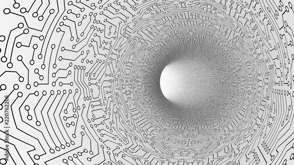 Aufkleber white tunnel in highway with circuit board pattern texture. high-tech background in digital computer