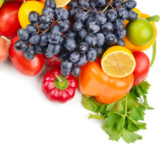 Fruits and vegetables isolated on a white background. Free space for text.