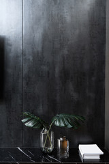 Living room corner in modern industrial style with artificial plants in glass vase an empty book setting on natural black marble cabinet with weathered black metal wall /cozy interior concept 