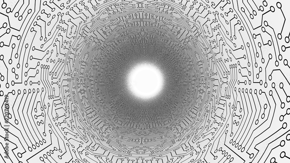 Poster white tunnel in highway with circuit board pattern texture. high-tech background in digital computer