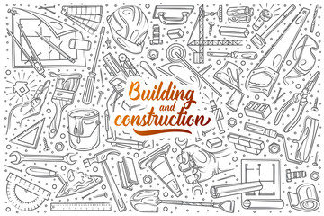 Hand drawn building and construction set doodle vector background