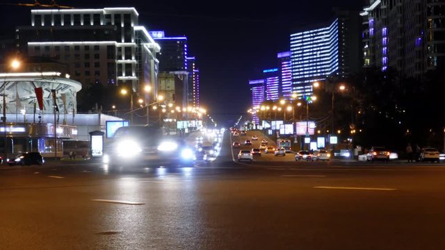 Night traffic time lapse on New Arbat street, Moscow, Russia