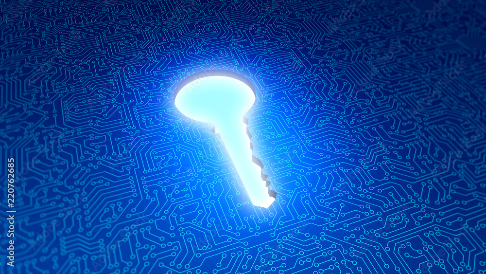 Poster keyhole with blue circuit board pattern texture. high-tech background in digital computer technology
