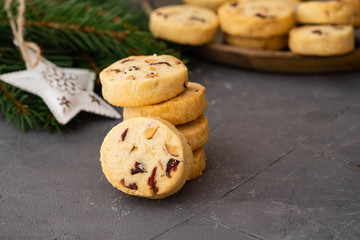 Christmas cookies with nuts and cranberries. Christmas decoration. Copy space.