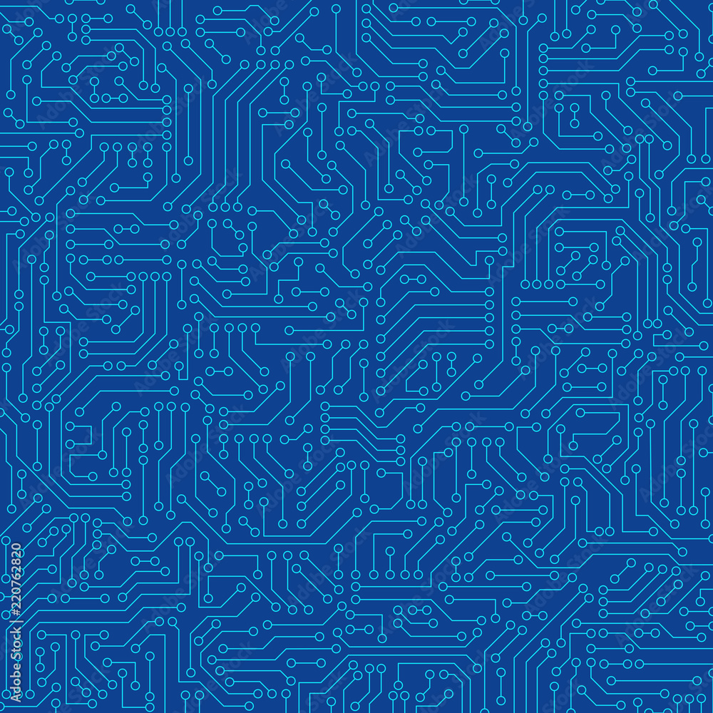 Poster blue circuit board seamless pattern texture. high-tech background in digital computer technology con