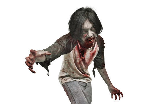 Portrait of angry zombie man with bloody mouth