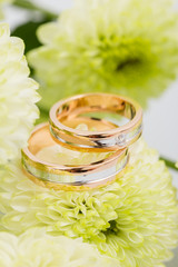 Obraz na płótnie Canvas Two-tone wedding rings with green flowers