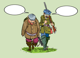 Hunters losers. Cartoon illustration of a hunters with a sad expression.