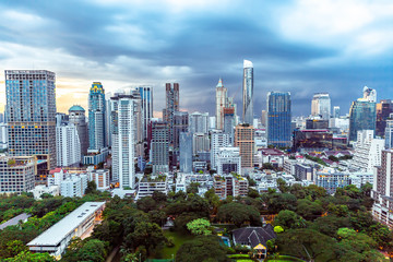 Fototapeta premium Cityscape downtown at Twilight, from the top of tower, Panorama view. many building with blue sky, abstract background.