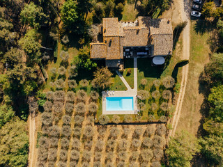 aerial view of villa with swimming pool in Italy