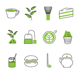 Matcha tea vector outline icons collection set. Japan traditional drink