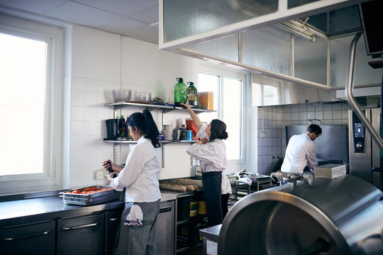 Female and male chefs working in commercial kitchen