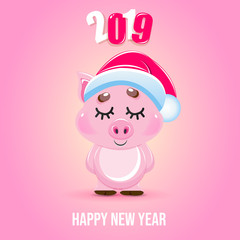 Obraz na płótnie Canvas Cute cartoon vector pig icon. Happy New Year. Animal of the Year 2019.