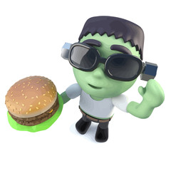 Vector 3d Funny cartoon frankenstein halloween monster eating a cheeseburger